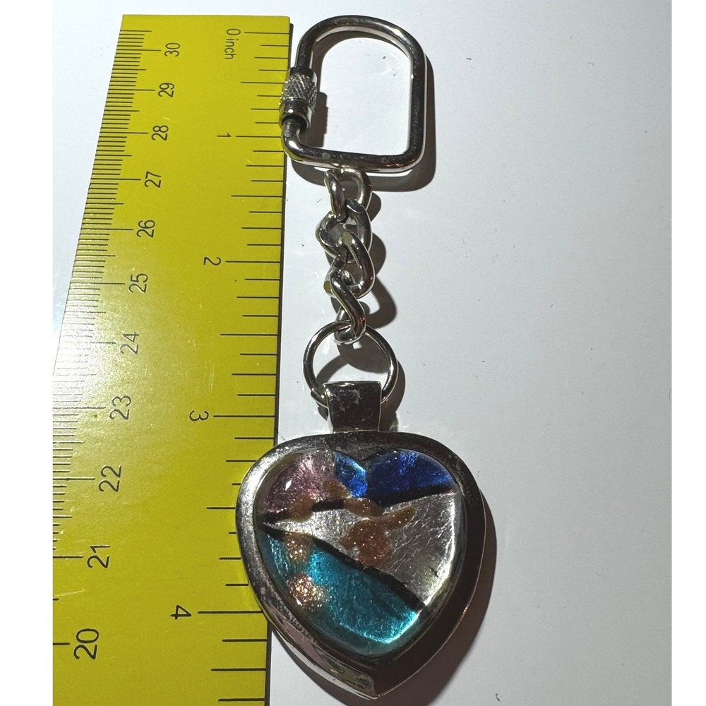 Vintage‎ Dichroic Art Glass Heart Keychain Silver Tone Screw Lock Carabiner Blue